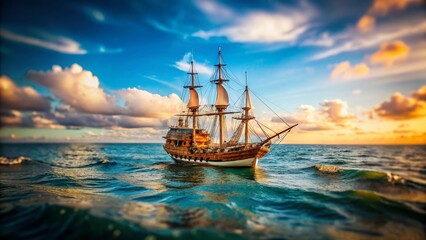 Obraz premium Miniature 18th Century Exploration Ship, Ocean Voyage, Tilt-Shift Photography