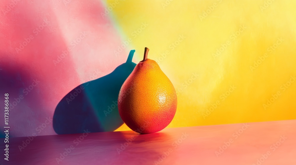 Poster a vivid pear sits against a colorful backdrop, casting a delicate shadow. the interplay of light and