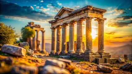 Obraz premium Miniature Ancient Greek Temple Ruins: Two Columns, Tilt-Shift Photography