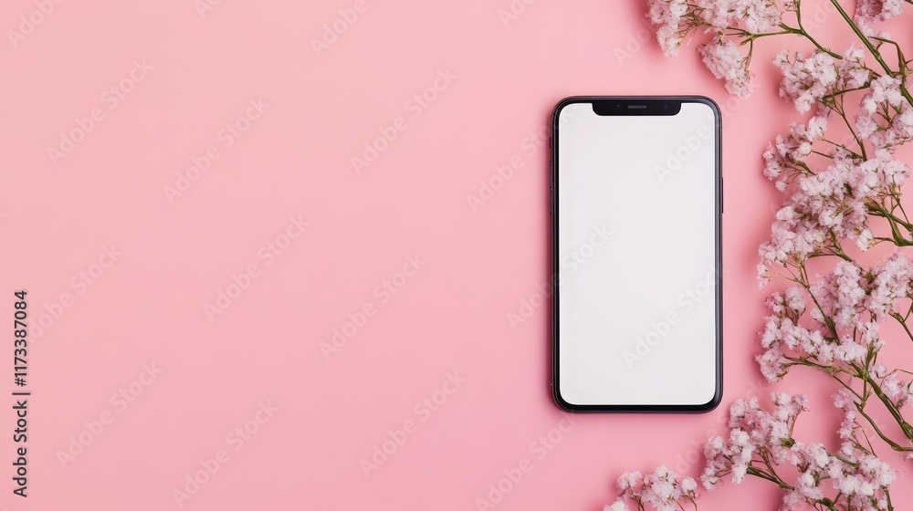 Poster Modern mobile phone showing blank screen for adding design or app next to decorative gypsophila flowers on pink surface offers space for advertising or showcasing mobile application