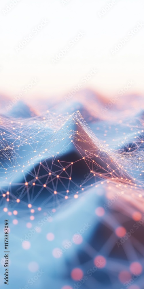 Poster this abstract digital landscape features interconnected nodes and glowing points, creating a captiva