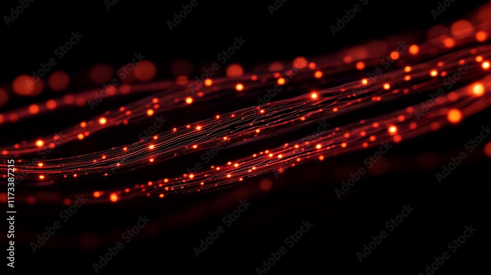 Poster abstract red glowing lines and particles on black background.