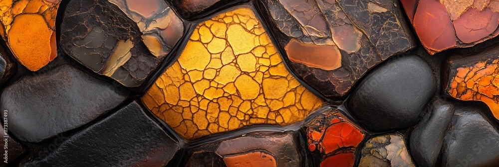 Poster Abstract close-up of multicolored stones, showcasing intricate textures and patterns, with a dominant golden-yellow stone at the center.