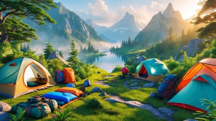 Mountain Camping Scene: Serene Sunrise, Colorful Tents