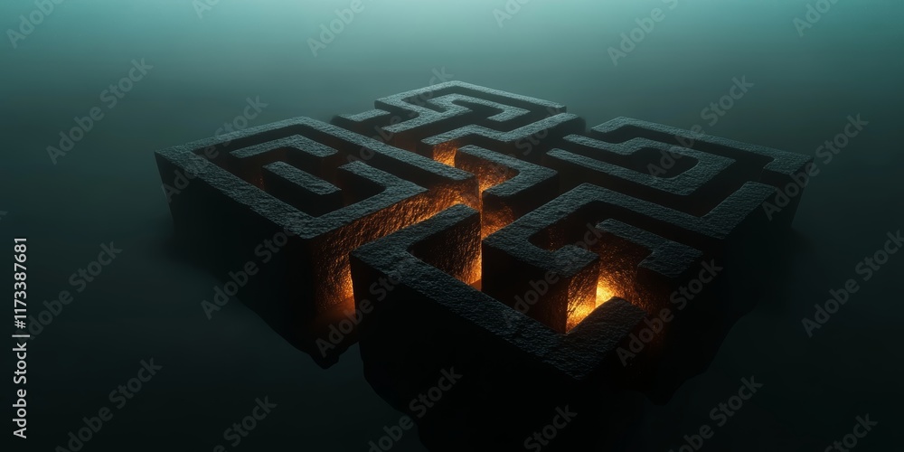 Poster aerial view of a glowing maze with illuminated pathways, surrounded by a foggy and mysterious atmosp