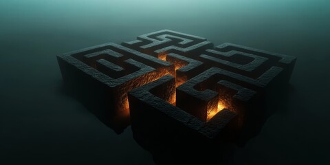 Aerial view of a glowing maze with illuminated pathways, surrounded by a foggy and mysterious atmosphere.