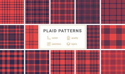 Twelve vibrant red and navy plaid patterns. Seamless vector designs, perfect for textile prints, apparel, or web backgrounds. High-quality, layered files for easy editing.