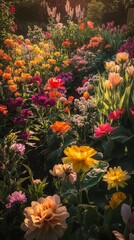 Obraz premium A lush garden filled with diverse, colorful flowers basking in the warm glow of sunlight, showcasing the beauty of spring.