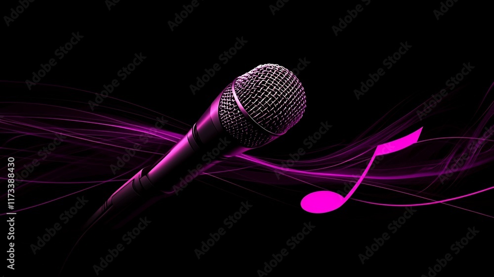 Poster Close-up of a microphone with musical notes on a dark background.