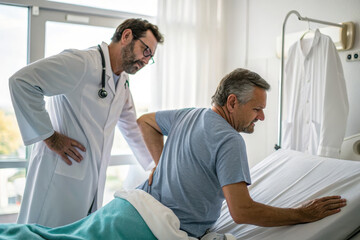 Obraz premium A doctor examines a patient in a hospital, focusing on the patient's back pain while ensuring comfort and care in a clinical environment.