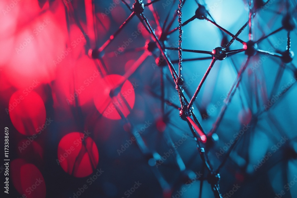 Poster Abstract dark background with a metallic geometric structure illuminated by red and blue lights.