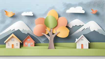 Paper art autumn village scene with houses, tree, mountains, and birds; ideal for children's books, greeting cards, or website backgrounds.