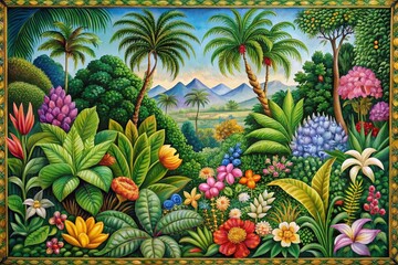 Obraz premium Miniature Indian Painting: Lush Tropical Foliage, Vibrant Colors, Exotic Plants