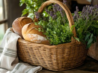 Obraz premium rustic basket bread and herbs country kitchen still life wholesome food