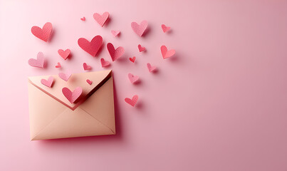 Paper hearts are flying from a beige envelope placed on a pink background, creating a romantic and lovely atmosphere