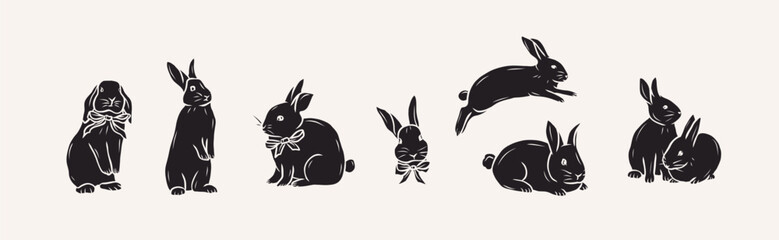 Flat vector bunnies collection. Whimsical illustration