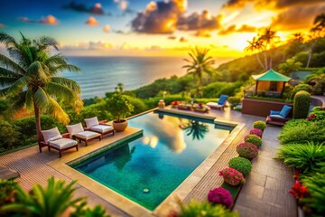 Fototapeta premium Miniature Luxurious Backyard Pool & Tropical Paradise: Tilt-Shift Photography