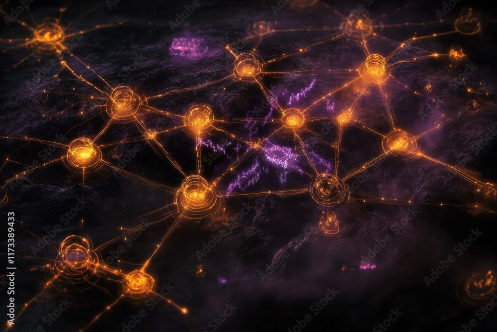 Poster glowing concept map with connections in a dark environment