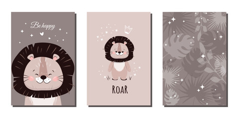 A set of cute postcard or poster templates and a beautiful background with a funny hand-drawn lion and tropical leaves. Vector illustrations for invitations, greeting cards, posters and more.
