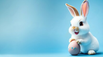 Obraz premium Cute white Easter bunny with big ears happily holding a pastel pink Easter egg on a soft blue background. Perfect for Easter celebrations and holiday themes.