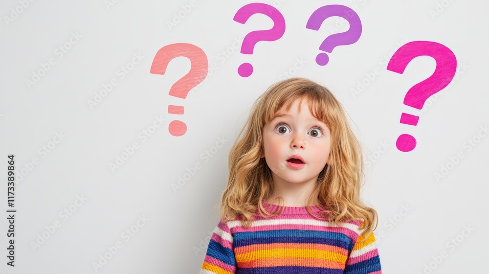 Poster Surprised little girl with wide open eyes is standing in front of a white wall with colorful question marks hovering above her head, evoking curiosity and the process of learning