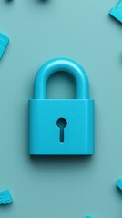 A vibrant turquoise padlock surrounded by matching shapes on a teal background, symbolizing security and protection. Cybersecurity