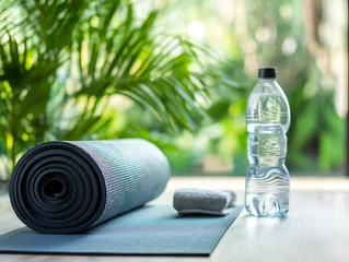 Selbstklebende Fototapeten rolled yoga mat water bottle plants indoor fitness wellness space © lareyna
