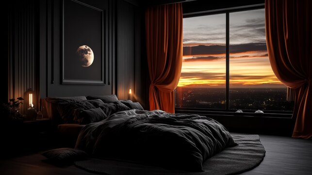 A stylish bedroom showcases a breathtaking sunset through a large window, complemented by warm orange curtains and an illuminated moon art piece. - Powered by Adobe