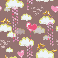 A romantic, illustrative cut vector seamless pattern featuring cutout raining heart, heart shaped balloons, birds couples, clouds, and the phrase LOVE IS IN THE AIR on a cocoa brown, taupe color