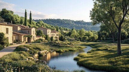 Fototapeta premium A charming village nestled in a lush green valley with quaint stone houses by a calm, winding river, exuding peace and simplicity.