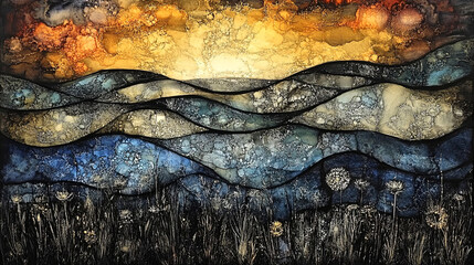 Naklejka premium Radiant abstract art capturing the essence of a mesmerizing sunrise over rolling waves
