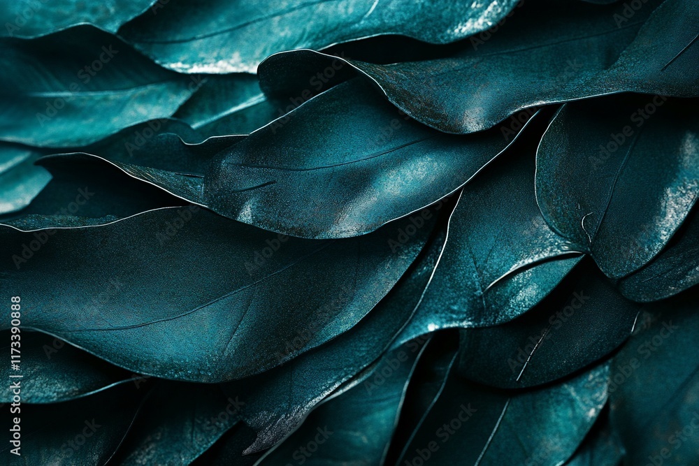 Aufkleber Teal colored leaves arranged in overlapping pattern, creating a textured background.