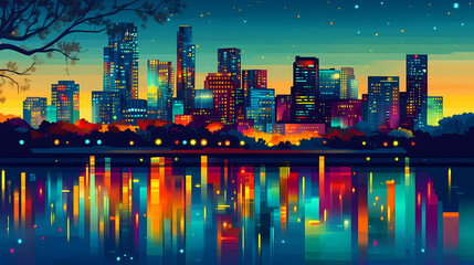 Austin skyline at dusk with colorful lights reflecting on the water, austin, texas, skyline, evening, dusk, lights. nightfall. illustration. Nightfall. Illustration
