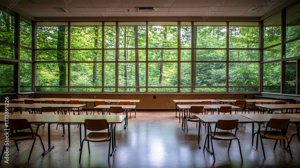 Poster Empty classroom with large windows overlooking lush green forest.