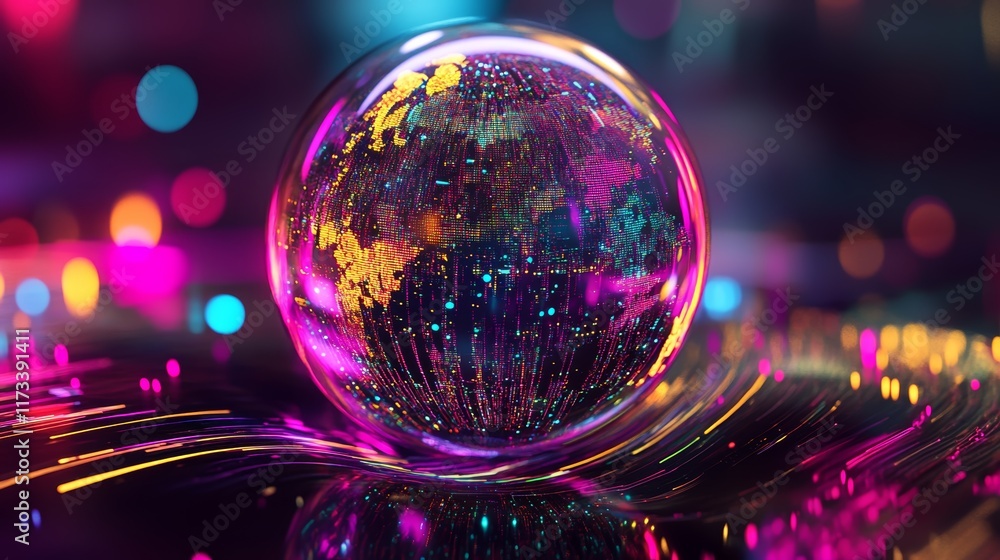 Poster this vibrant crystal sphere features a world map illuminated by colorful light effects, creating a s