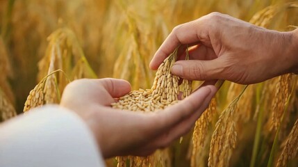 Hands exchanging harvested rice grains amidst golden rice fields during the evening light, symbolizing the importance of agriculture and community cooperation