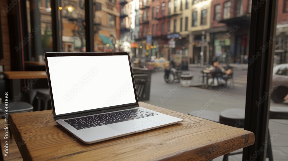Poster modern laptop computer displaying a blank white screen, positioned on a wooden table in a cafe, with