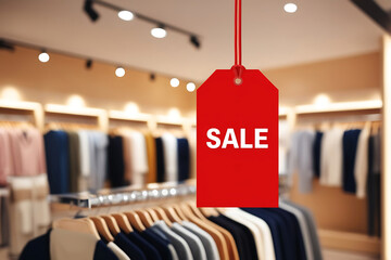 Red Sale Tag Hanging in a Retail Store with Blurred Background of Clothes and Lights, discounts and promotions concept
