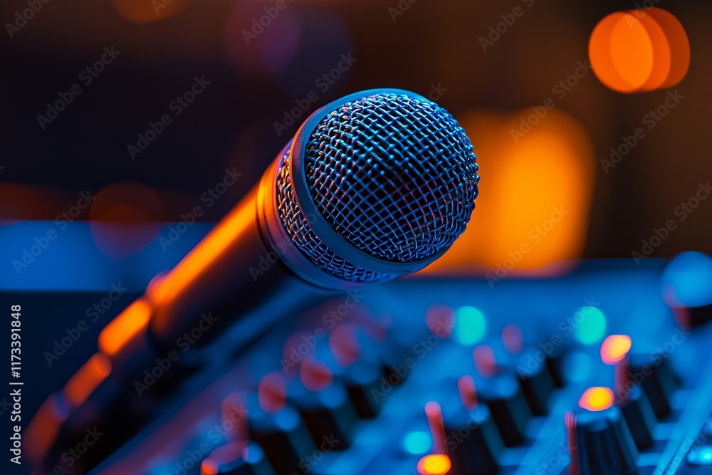 Poster a microphone is on a table next to a mixer. the microphone is black and silver. the mixer has many b