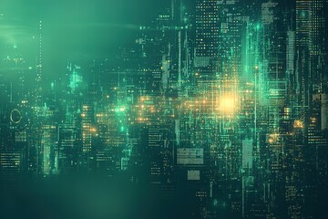 Abstract digital cityscape at night, glowing green and gold data streams.