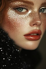 Makeup showcase featuring shimmering glitter on a model with red hair and stunning blue eyes in an artistic close-up setting