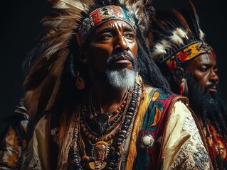 Fototapeta premium Cultural celebration featuring Indigenous performers in traditional attire and headdresses during a ceremonial event at dusk