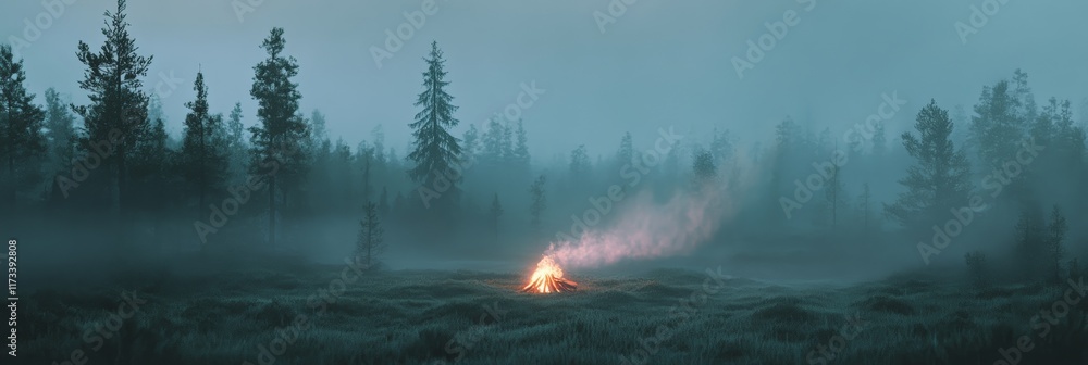 Aufkleber warm bonfire glowing in a foggy clearing, nestled within a dark forest at twilight, creating a mysti