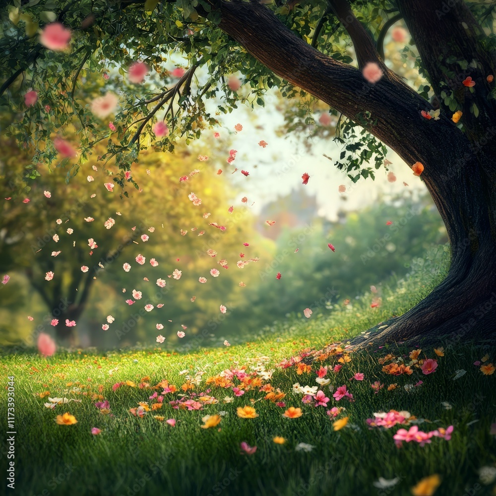 Poster a picturesque spring meadow with vibrant flowers and sunlight filtering through lush trees, creating