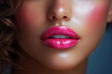 Fototapeta premium Close-up view of a woman's lips showcasing glossy pink lipstick and flawless skin in a well-lit setting