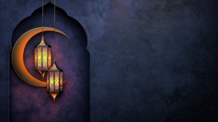Ramadan, Islamic, Devotion. Decorative lanterns and crescent moon against a dark background.