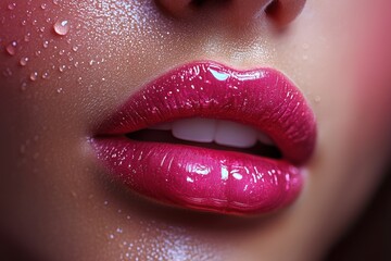 Fototapeta premium Close-up view of glossy lips with water droplets reflecting light, showcasing a beauty-focused moment in artistic photography