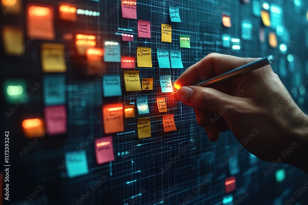Poster planning and organizing tasks with colorful sticky notes on a digital board.
