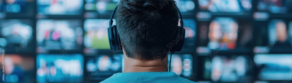 Poster a person wearing headphones is immersed in a visual display of multiple screens showing various cont