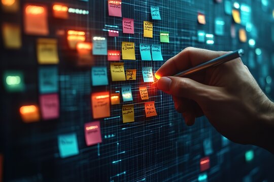 Planning and organizing tasks with colorful sticky notes on a digital board. - Powered by Adobe